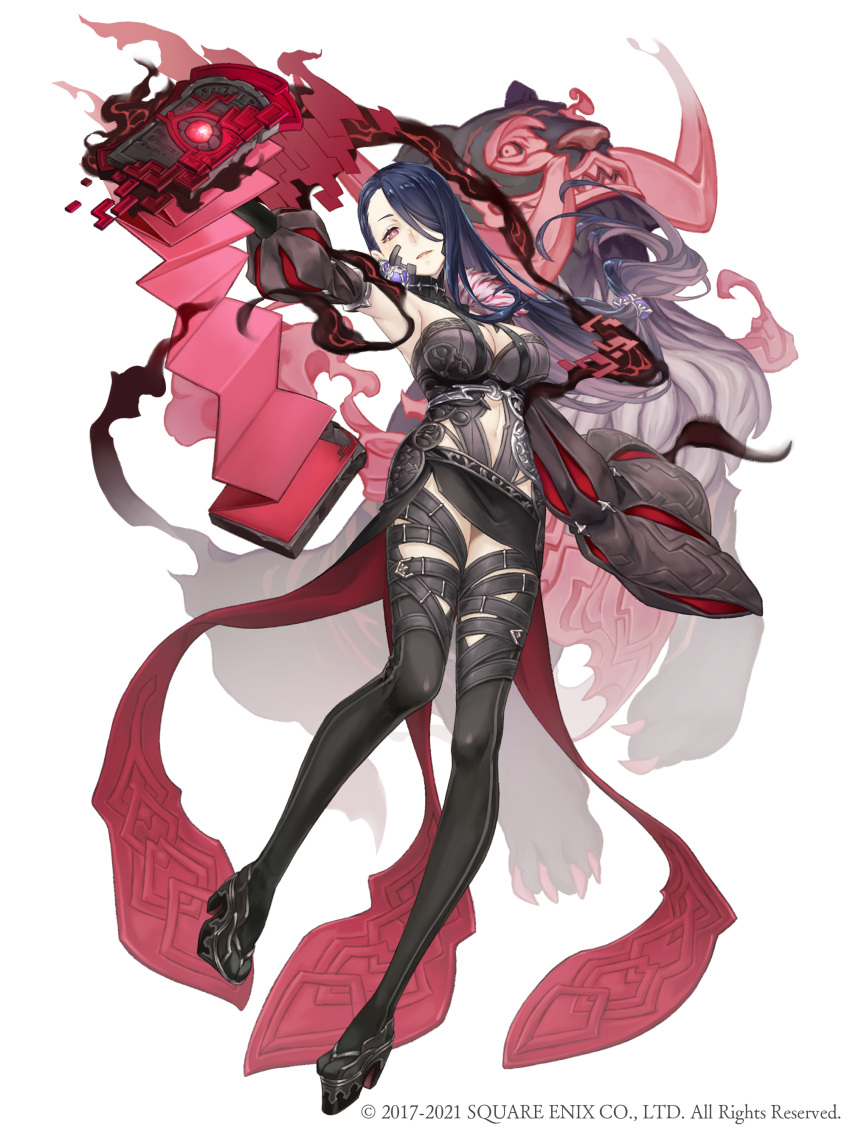 1girl absurdres belt book breasts clothing_cutout dark_blue_hair dark_persona earrings empty_eyes full_body hair_over_one_eye half-nightmare highres jewelry ji_no kaguya_hime_(sinoalice) large_breasts long_hair looking_at_viewer navel_cutout official_art pale_skin parted_lips platform_footwear red_eyes sinoalice solo square_enix thighhighs white_background