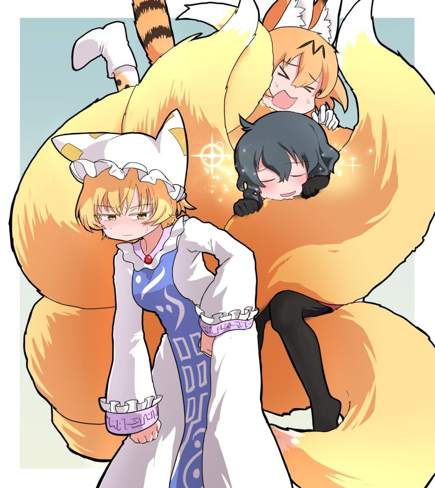 &gt;_&lt; 3girls animal_ears baka-man black_gloves black_legwear blonde_hair blush character_request check_character closed_eyes commentary_request dress eyebrows_visible_through_hair fox_ears fox_tail frilled_sleeves frills gloves highres kaban_(kemono_friends) kemono_friends long_sleeves multiple_girls multiple_tails no_hat no_headwear no_shoes pantyhose print_legwear serval_(kemono_friends) serval_ears serval_print serval_tail short_hair sparkle sweatdrop tail thighhighs touhou white_dress white_headwear yakumo_ran yellow_eyes