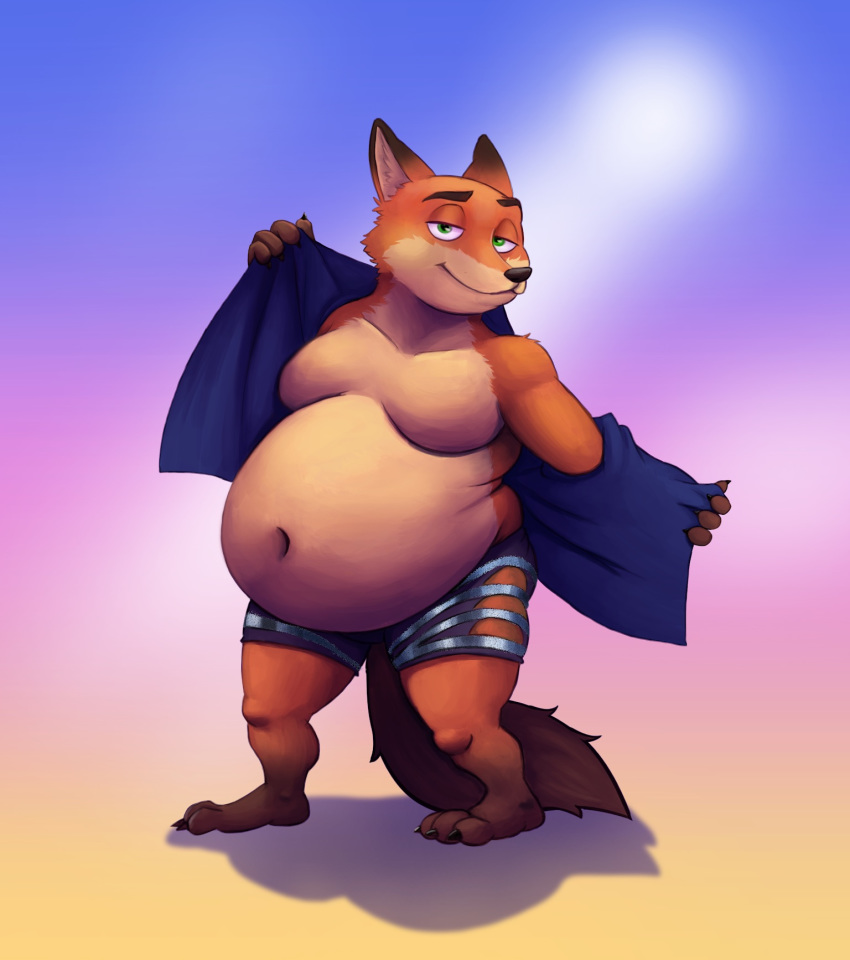 3_toes 4_fingers anthro belly belly_overhang big_belly blue_clothing blue_shirt blue_topwear bluejeff24 bottomwear canid canine claws clothed clothing curvy_figure dewlap_(anatomy) dipstick_tail disney double_chin ear_tuft eyebrows finger_claws fingers fox fur green_eyes grin hi_res inner_ear_fluff looking_at_viewer love_handles male mammal moobs multicolored_body multicolored_fur multicolored_tail navel nick_wilde obese open_clothing open_shirt open_topwear overweight overweight_anthro overweight_male red_fox shaded shadow shirt shorts shoulder_tuft simple_background simple_shading smile smug smug_face solo solo_focus toe_claws toes topwear tuft two_tone_body two_tone_fur zootopia