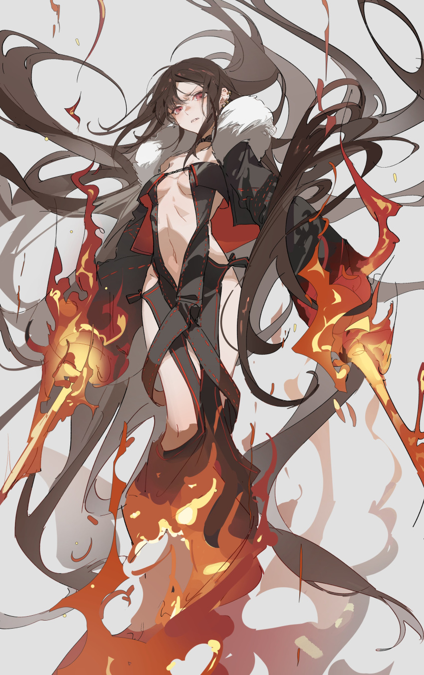 1girl absurdres breasts brown_hair consort_yu_(fate) dual_wielding ear_piercing fate/grand_order fate_(series) fire flaming_sword flaming_weapon highres holding long_hair medium_breasts navel piercing red_eyes very_long_hair zhibuji_loom