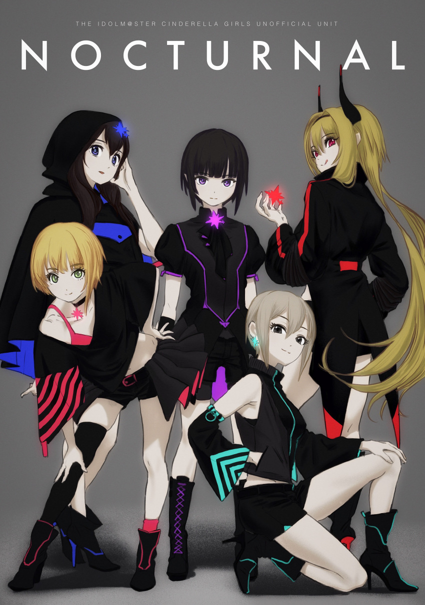 5girls absurdres arm_up bangs black_eyes black_footwear black_hair black_shirt blonde_hair blue_eyes boots character_request deg_(deguana) detached_sleeves english_text green_eyes grey_background grey_hair high_heel_boots high_heels highres hood hood_up horns idolmaster idolmaster_cinderella_girls kurosaki_chitose leaning_forward long_hair long_sleeves looking_at_viewer midriff miyamoto_frederica multiple_girls navel parted_lips puffy_short_sleeves puffy_sleeves purple_eyes red_eyes shadow shiomi_shuuko shirayuki_chiyo shirt short_hair short_sleeves sleeveless sleeveless_shirt very_long_hair