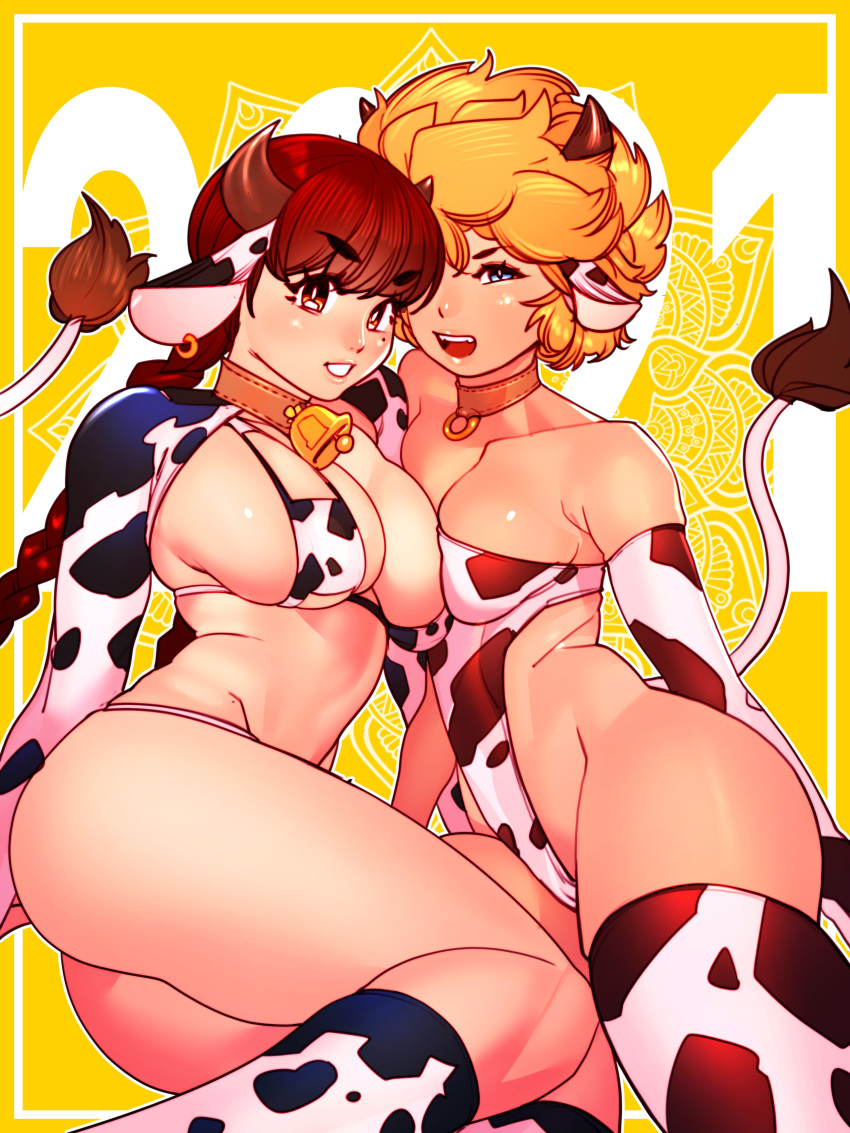 2021 2girls absurdres afro animal_ears animal_print asymmetrical_docking bell bell_collar belle_(cheunchin) bikini blonde_hair blue_eyes braid breast_press breasts brown_eyes brown_hair brown_horns cameltoe cheunchin chinese_zodiac coco_(cheunchin) collar commentary cow_ears cow_girl cow_horns cow_print cow_tail cowbell earrings english_commentary eyebrows_visible_through_hair eyepatch_bikini highleg highleg_leotard highres horns jewelry large_breasts legs_together leotard long_braid long_hair looking_at_viewer medium_breasts mole mole_under_eye multiple_girls o-ring_collar original over-kneehighs print_bikini print_leotard revealing_clothes short_hair shrug_(clothing) strapless strapless_leotard swimsuit tail thick_thighs thighhighs thighs twin_braids year_of_the_ox