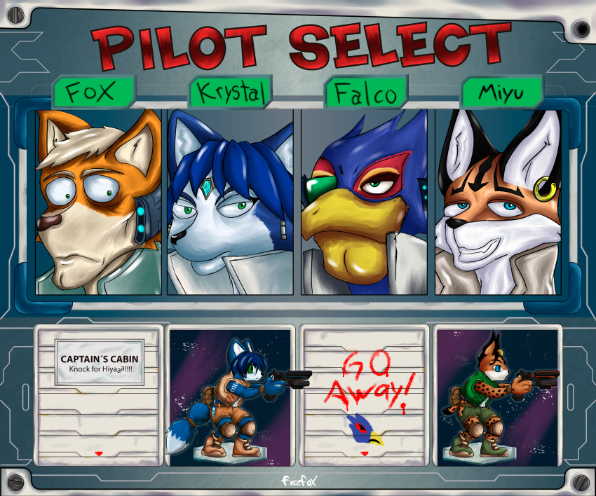 absurd_res anthro avian bird blaster canid canine english_text falco_lombardi felid feline female fox fox_mccloud freefox group hi_res interface krystal lynx male mammal metal_slug miyu_lynx nintendo parody star_fox tagme text video_games