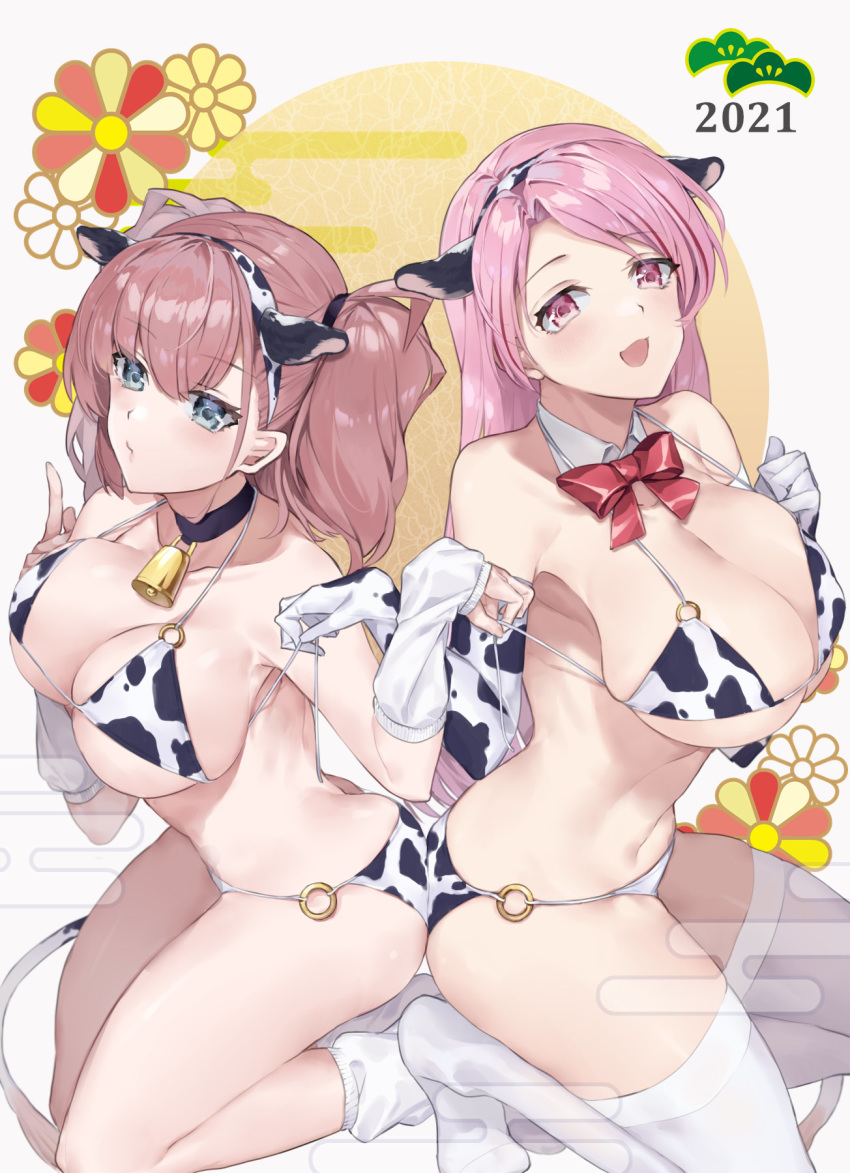 2021 2girls animal_ears animal_print ass-to-ass atlanta_(kantai_collection) back-to-back bell bikini bow bowtie breasts brown_hair cleavage cow_ears cow_horns cow_print cowbell detached_collar elbow_gloves fake_animal_ears floral_background gloves grey_eyes highres horns kantai_collection large_breasts long_hair luigi_di_savoia_duca_degli_abruzzi_(kantai_collection) multiple_girls picoli1313 pink_eyes pink_hair red_neckwear smile swimsuit thighhighs two_side_up white_bikini white_gloves