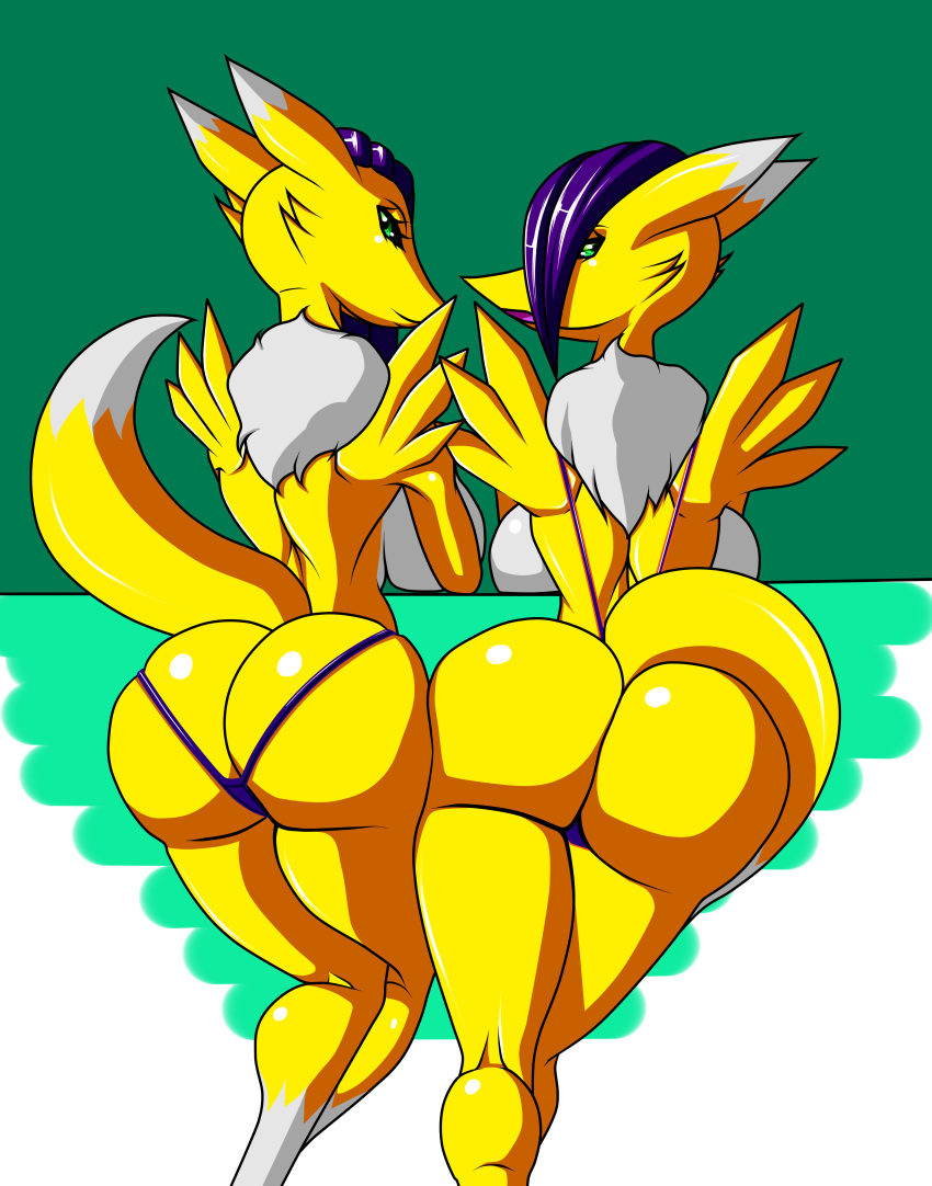 absurd_res alcatras45 alpha_channel anthro big_breasts breasts butt clothing digimon digimon_(species) digital_media_(artwork) duo female genitals hair hi_res human humanoid mammal nude open_mouth pussy renamon simple_background smile thick_thighs video_games yellow_body