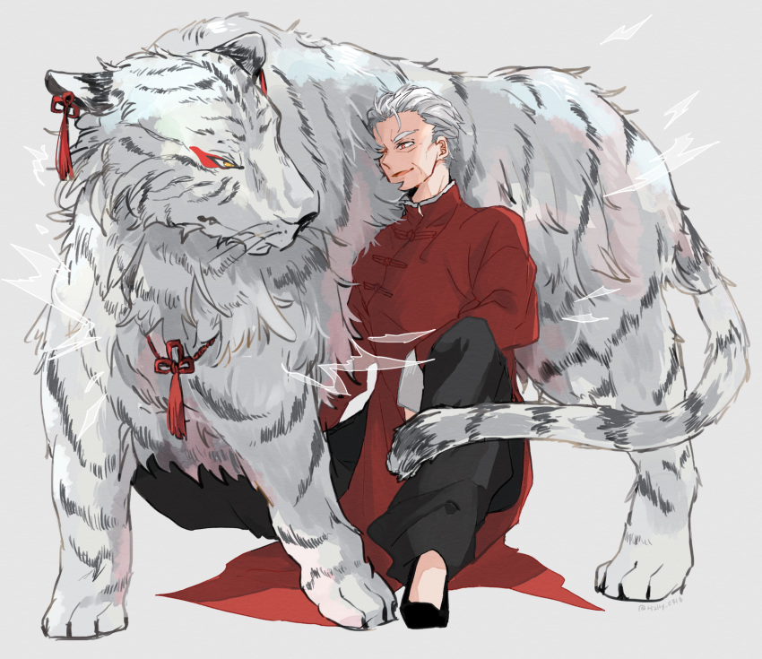 1boy animal black_footwear black_legwear chinese_clothes collar fate/grand_order fate_(series) fluffy full_body hally highres li_shuwen_(fate/grand_order) old old_man one_eye_closed sitting tiger white_background white_collar white_hair white_tiger