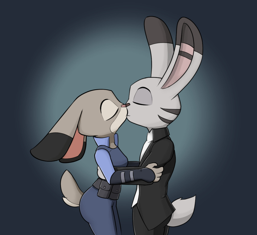 anthro clothed clothing disney eyes_closed female fully_clothed fur grey_body grey_fur group jack_savage judy_hopps kissing lagomorph leporid male male/female mammal mew-me multicolored_ears rabbit simple_background sitting zootopia