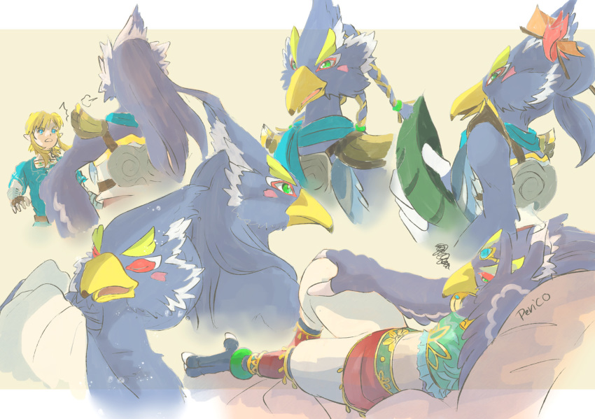 anthro avian beak bird blue_body blue_feathers breath_of_the_wild clothed clothing crossdressing feathers gerudo_outfit human humanoid hylian link male mammal multiple_images nintendo peta_perico revali ribbons rito scarf the_legend_of_zelda topless video_games