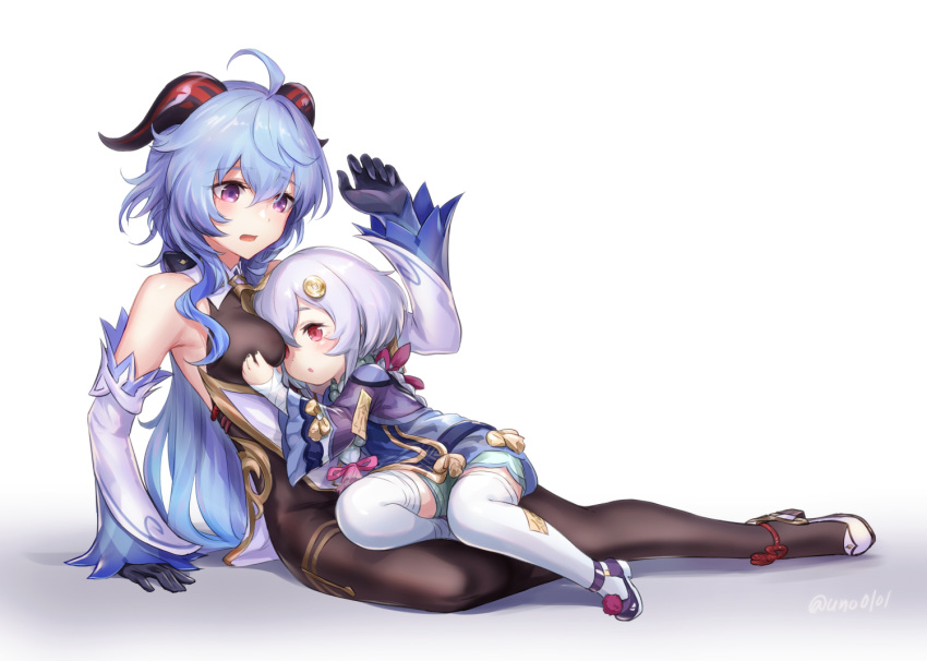 2girls :o ahoge bare_shoulders bead_necklace beads bell between_breasts black_legwear blue_hair blush bodysuit breast_grab breast_smother breasts cowbell detached_sleeves face_to_breasts full_body ganyu_(genshin_impact) genshin_impact goat_horns grabbing hair_ornament high_heels horns jewelry jiangshi lying medium_breasts multiple_girls necklace purple_eyes qiqi shinachiku_(uno0101) shorts thighhighs