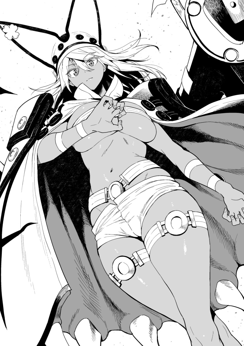 1girl amano_don bangs belt beltbra breasts cape clover dark_skin dark_skinned_female floating_swords four-leaf_clover greyscale guilty_gear guilty_gear_xrd highres large_breasts long_hair looking_at_viewer monochrome navel ramlethal_valentine short_shorts shorts thigh_strap thighs underboob