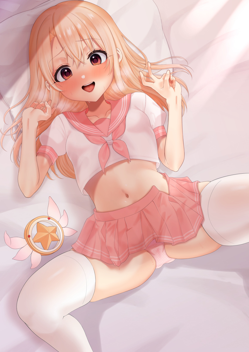 1girl absurdres astolfo_(fate) astolfo_(fate)_(cosplay) bangs bed_sheet blonde_hair blush breasts cosplay crop_top fate/grand_order fate/kaleid_liner_prisma_illya fate_(series) hair_between_eyes highres illyasviel_von_einzbern long_hair looking_at_viewer lying magical_ruby midriff neckerchief on_back open_mouth panties pillow pink_neckwear pink_panties pink_sailor_collar pink_skirt red_eyes sailor_collar school_uniform serafuku shirt short_sleeves sidelocks skirt small_breasts smile spread_legs takio_(kani_sama) thighhighs thighs underwear white_legwear white_shirt