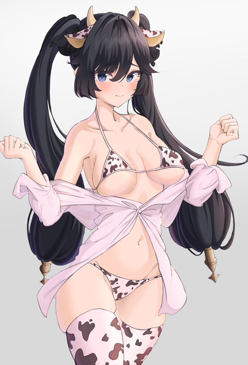 #compass 1girl 3: animal_ears animal_print bare_shoulders bikini black_hair blue_eyes breasts breasts_apart closed_mouth collarbone cow_ears cow_girl cow_horns cow_print cowboy_shot genshin_impact gradient gradient_background highres horns kemonomimi_mode long_sleeves looking_at_viewer medium_breasts mona_(genshin_impact) navel o-los off_shoulder open_clothes open_shirt pink_shirt print_bikini print_legwear revision shirt solo stomach swimsuit twintails underboob w_arms