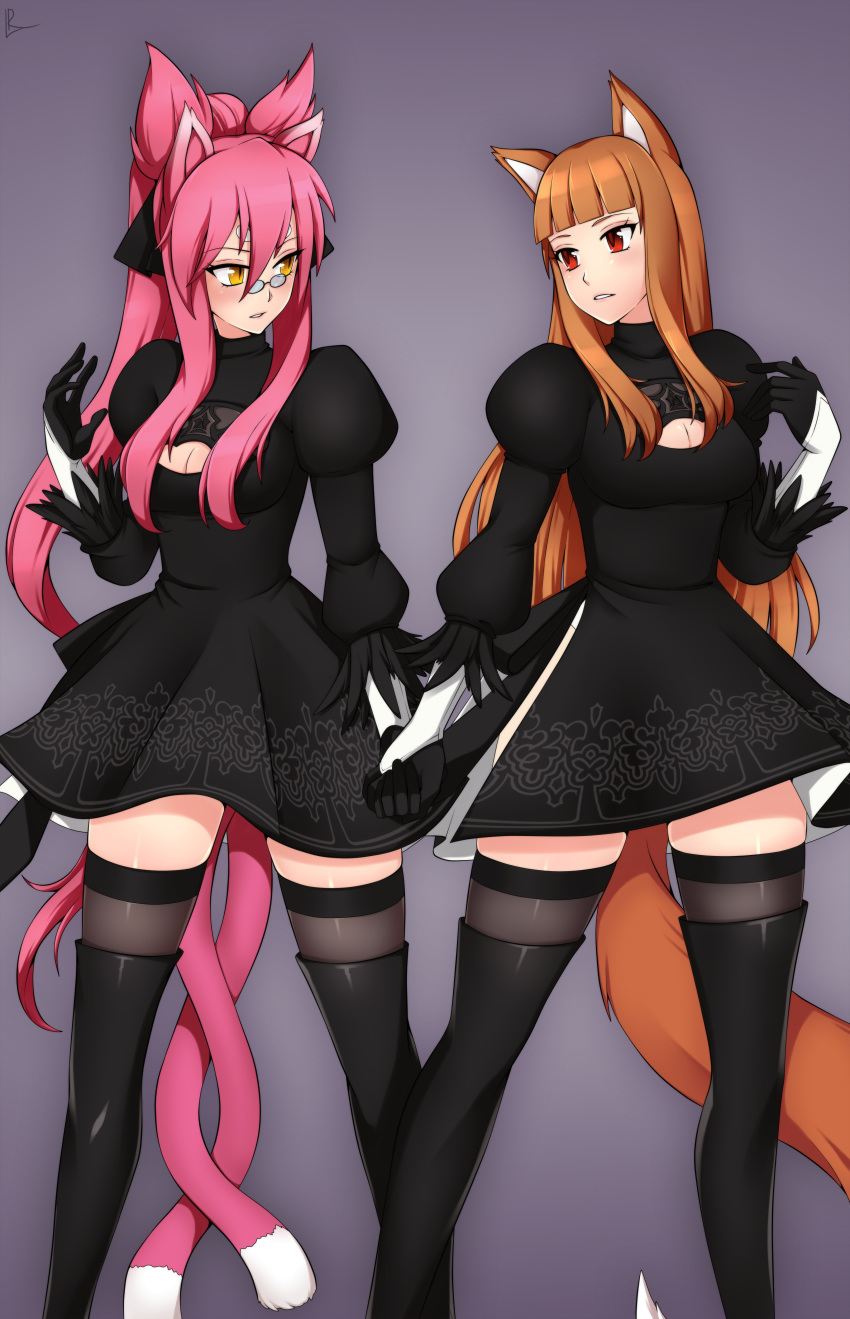 animal_ears blazblue cosplay crossover dress holo kokonoe lindaroze nekomimi nier_automata spice_and_wolf tail thighhighs