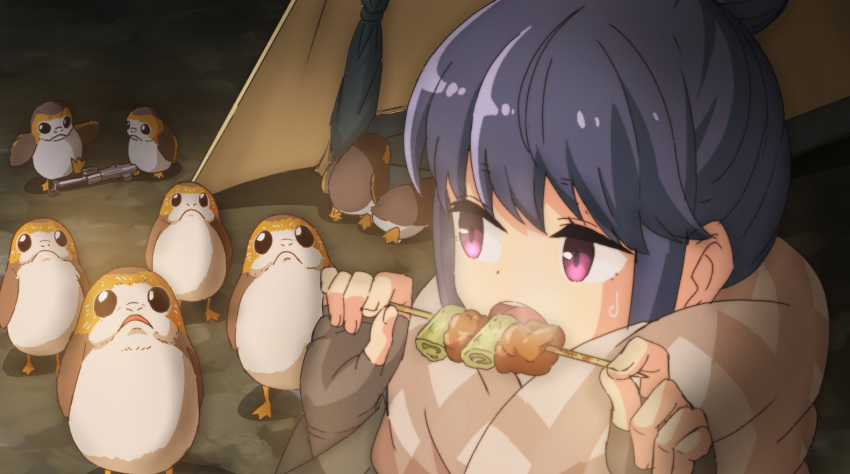 1girl bangs black_gloves blue_hair camping commentary_request crossover eating fingerless_gloves food gloves holding_skewer kebab long_hair night open_mouth porg purple_eyes scarf shima_rin sidelocks skewer star_wars sweatdrop tent yamaguchi_yoshimi yurucamp