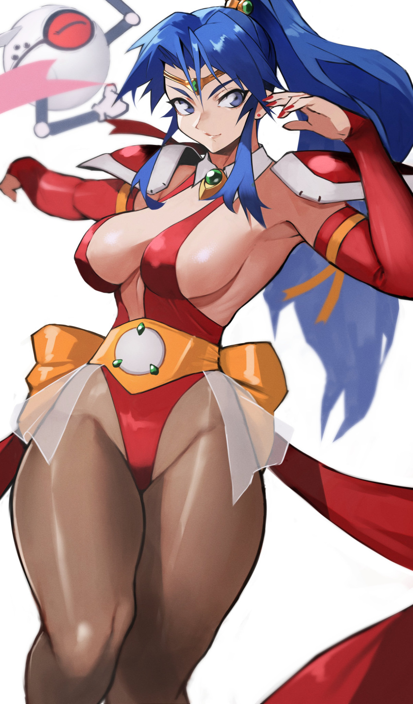1girl absurdres armor armpits blue_eyes blue_hair breasts bridal_gauntlets choujin_gakuen_gowcaizer cleavage commentary_request earrings fingernails floating hair_ornament highleg highres hishizaki_shaia_(gowcaizer) jewelry large_breasts leg_up lips long_hair looking_at_viewer nail_polish pantyhose ponytail red_nails revealing_clothes robot see-through shiny shiny_clothes shiny_hair shiny_skin shoulder_armor sidelocks simple_background smile solo tiara tied_hair white_background yoshio_(55level)
