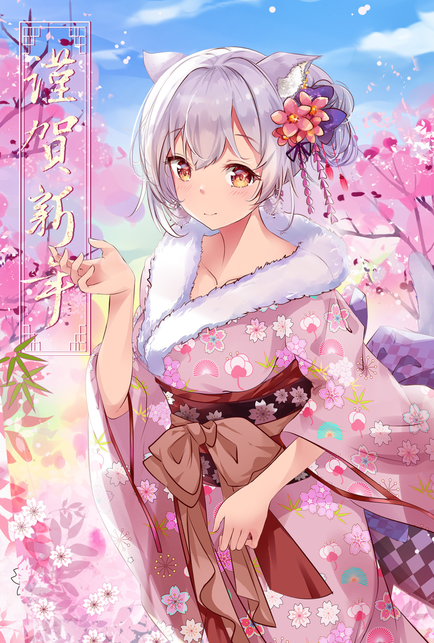 1girl absurdres animal_ears bangs blue_sky bow brown_bow cat_ears cat_girl cat_tail closed_mouth cloud commentary_request day eyebrows_visible_through_hair floral_print flower fur-trimmed_kimono fur_trim hair_between_eyes hair_flower hair_ornament hand_up highres japanese_clothes kimono long_sleeves looking_at_viewer mutang nengajou new_year obi original outdoors pink_flower pink_kimono red_eyes red_flower sash silver_hair sky smile solo tail tail_raised translation_request tree wide_sleeves