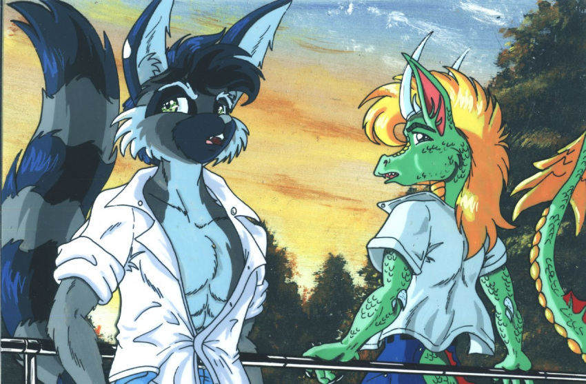 anthro cacomistle clock clothed clothing docmoreau dragon evening frank looking_at_viewer male mammal open_clothing open_shirt open_topwear procyonid ring-tailed_cat ringtailmaster shirt standing topwear traven watch
