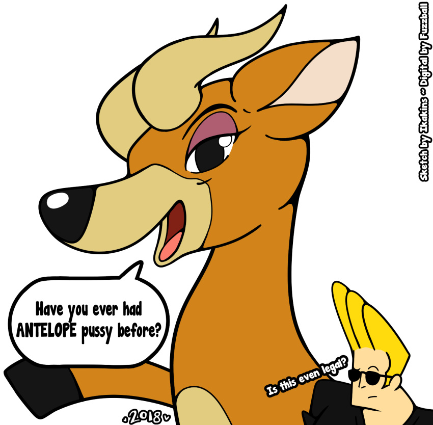 2018 alpha_channel antelope bovid carol_the_antelope cartoon_network clothing digital_media_(artwork) duo english_text eyeshadow eyewear female feral fur fuzzballfox hair hi_res hooves horn human ikakins interspecies johnny_bravo johnny_bravo_(series) looking_at_viewer makeup male mammal purple_eyeshadow simple_background suggestive sunglasses text transparent_background