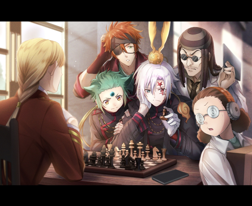 6+boys allen_walker black_headband black_jacket black_neckwear black_order_uniform blonde_hair braid braided_ponytail brown_hair character_name chessboard collarbone d.gray-man eyepatch fingerless_gloves floating_hair frown gloves green_eyes green_hair head_rest headband headphones heterochromia highres holding jacket labcoat lavi long_hair low_ponytail multiple_boys necktie noan orange_hair ponytail red_eyes red_gloves red_jacket round_eyewear shiny shiny_hair silver_hair sunglasses timcanpy upper_body white_gloves yellow_eyes