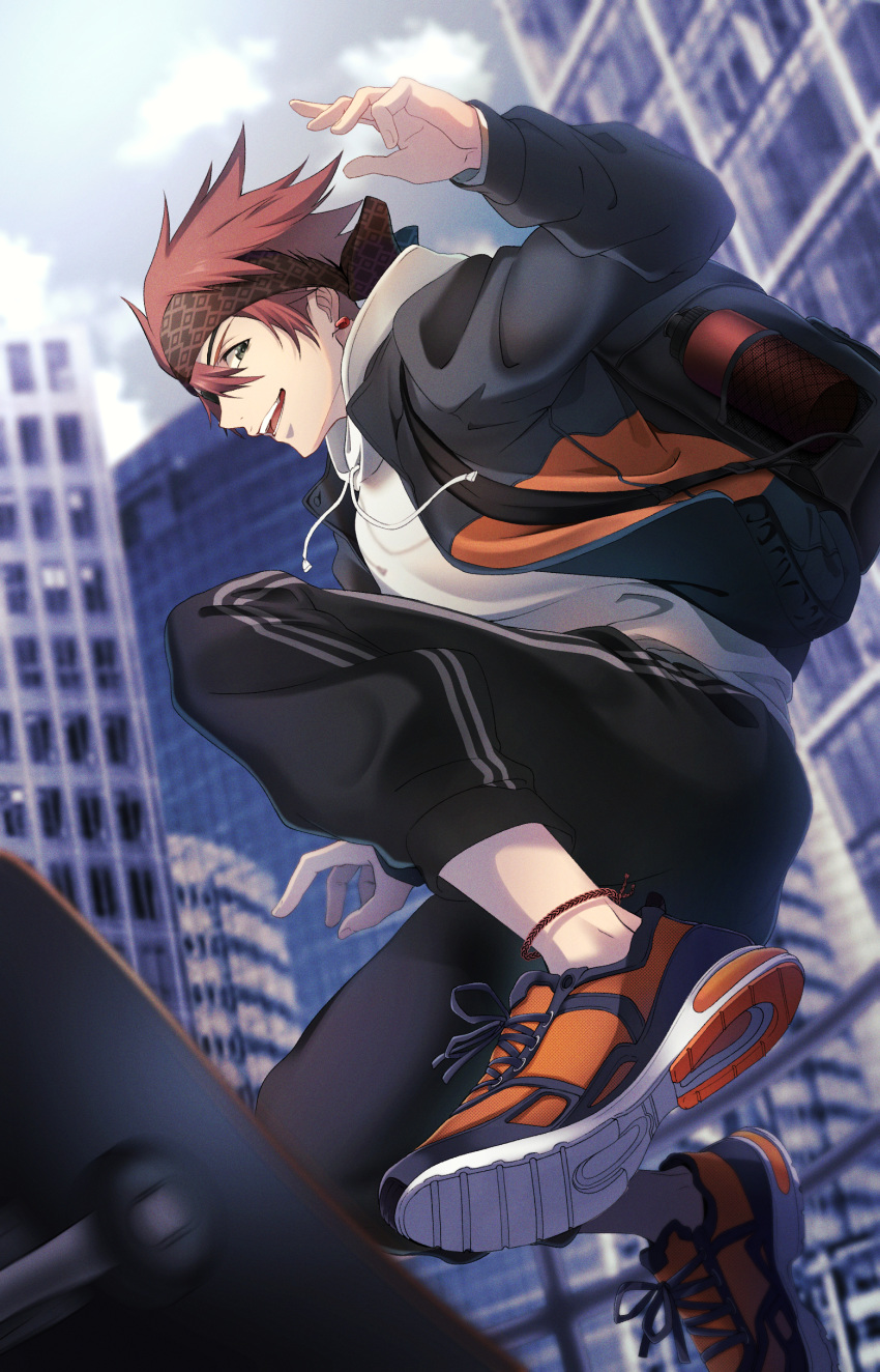 1boy :d absurdres bangs black_jacket black_pants blurry blurry_background brown_eyes brown_headband building cloud cloudy_sky d.gray-man day earrings from_below hair_between_eyes highres jacket jewelry lavi long_sleeves looking_at_viewer male_focus noan open_clothes open_jacket open_mouth orange_footwear outdoors pants red_hair shoes short_hair skateboarding sky smile sneakers solo spiked_hair sweater white_sweater
