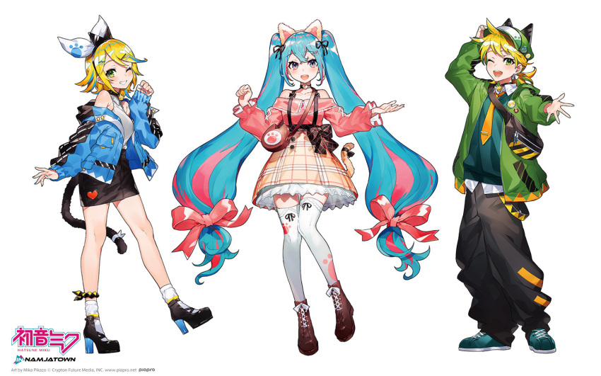 animal_ears aqua_eyes aqua_hair bell blonde_hair boots bow catgirl choker collar green_eyes hat hatsune_miku headband hoodie kagamine_len kagamine_rin logo long_hair male mika_pikazo ponytail ribbons short_hair skirt socks tail thighhighs tie twintails vocaloid watermark white wink