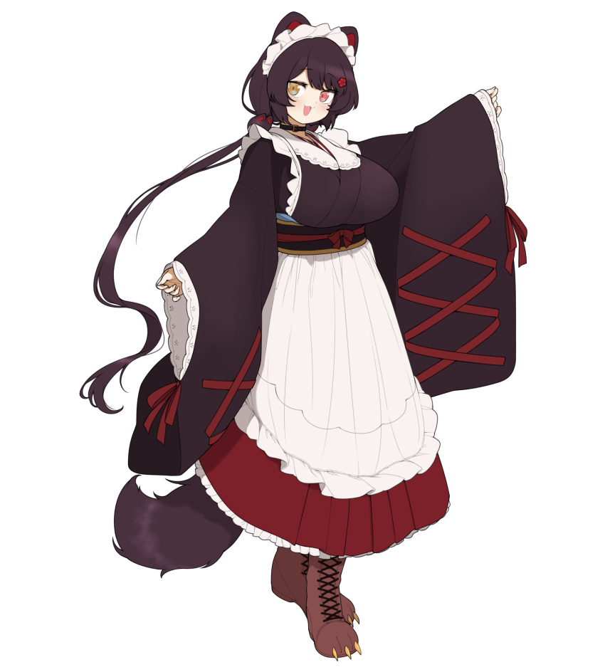 1girl :3 :d animal_ears animal_hair_ornament apron bangs black_collar boots breasts brown_footwear cat_hair_ornament collar cross-laced_footwear dog_ears dog_girl eyebrows_visible_through_hair fingernails flower full_body hair_flower hair_ornament heterochromia highres inui_toko japanese_clothes lace-up_boots large_breasts lewis long_hair long_sleeves maid_headdress nijisanji obi open_mouth purple_hair red_eyes red_flower red_ribbon ribbon sash simple_background sleeves_past_wrists smile solo very_long_hair virtual_youtuber wa_maid white_apron white_background wide_sleeves yellow_eyes