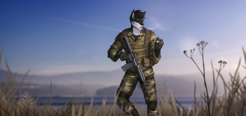 absurd_res akivia_wolf anthro canid canine canis cigarette clothing desert green_eyes hi_res humanoid lake male mammal military military_uniform scenery smoking solo uniform weapon winterblack wolf