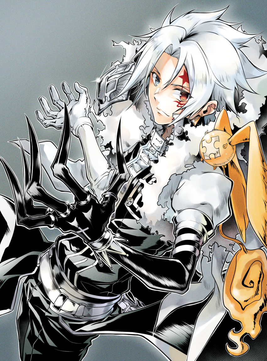 1boy absurdres allen_walker asymmetrical_clothes bangs belt black_jacket black_pants blue_eyes d.gray-man earrings gloves grey_background hair_between_eyes heterochromia highres jacket jewelry male_focus medium_hair noan pants red_eyes shiny shiny_hair silver_hair solo timcanpy white_belt white_gloves