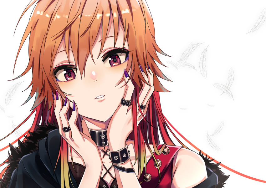 1girl bangs blonde_hair collarbone gradient_hair hair_between_eyes head_tilt highres idolmaster idolmaster_cinderella_girls long_hair looking_at_viewer mek_number multicolored_hair nail_polish ninomiya_asuka off_shoulder orange_hair parted_lips portrait purple_nails red_eyes red_hair shiny shiny_hair solo white_background white_feathers