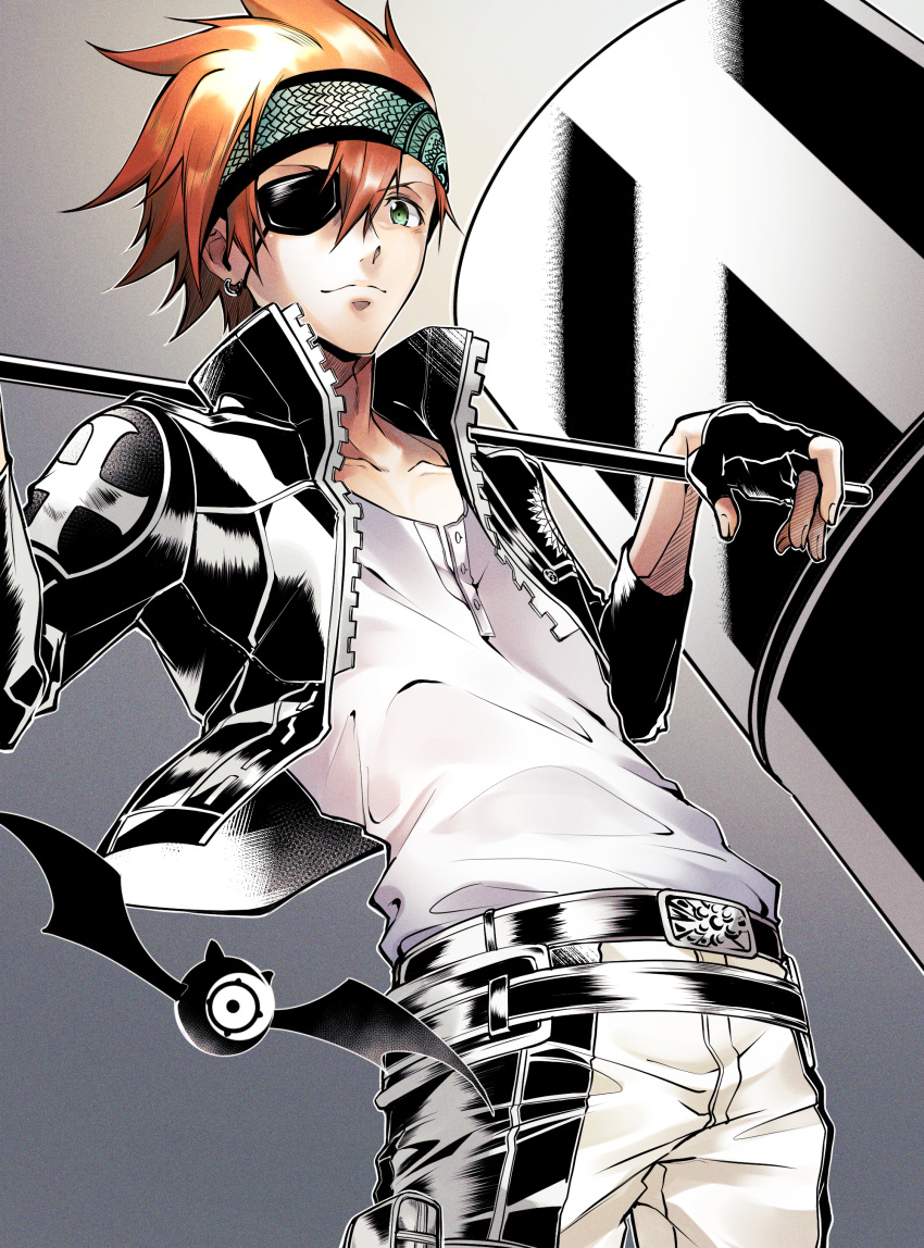1boy absurdres belt belt_buckle black_belt black_gloves black_jacket black_order_uniform buckle closed_mouth collarbone d.gray-man earrings eyepatch fingerless_gloves gloves green_eyes grey_background headband highres holding holding_weapon jacket jewelry lavi leaning_back male_focus noan open_clothes open_jacket orange_hair pants shiny shiny_hair shirt short_hair smile solo spiked_hair weapon white_pants white_shirt