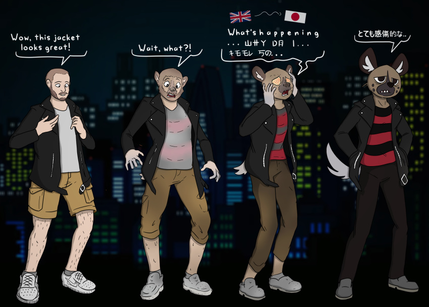 aggressive_retsuko alternate_costume anime anthro axiomtf british city cityscape clothed clothing clothing_swap english_text haida hand_on_head hi_res human hyaenid hypnosis jacket japanese japanese_text language language_barrier leather leather_clothing leather_jacket leather_topwear male mammal mind_break mind_control netflix prurientpie sanrio solo teeth text topwear transformation transformation_sequence