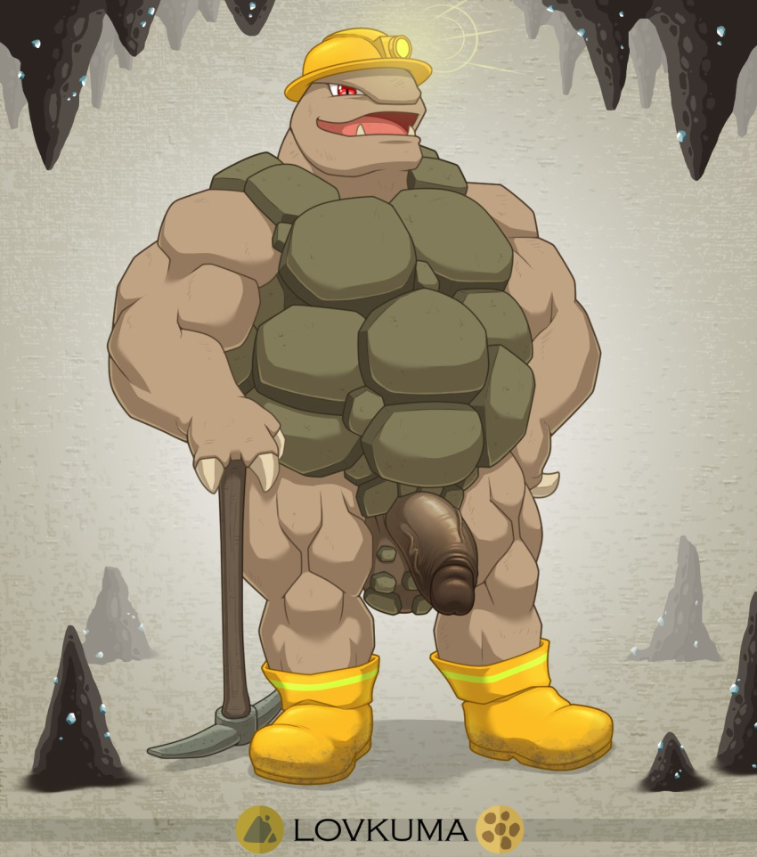 2020 3_fingers anthro anthrofied armor balls boots boots_only bottomless cave claws clothed clothing elemental_creature elemental_humanoid fangs fingers flaccid footwear footwear_only foreskin genitals golem_(pok&eacute;mon) hard_hat headgear helmet hi_res humanoid lovkuma male miner miner_helmet mineral_fauna mineral_humanoid mostly_nude mountain nintendo overweight overweight_anthro overweight_male penis pickaxe pok&eacute;mon pok&eacute;mon_(species) pok&eacute;morph red_eyes rock rock_creature rock_humanoid shell signature solo stalactite stalagmite text uncut video_games