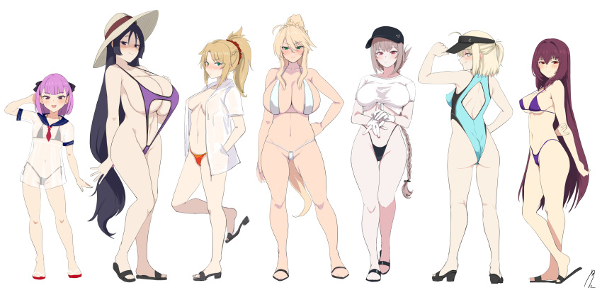 6+girls absurdres artoria_pendragon_(all) artoria_pendragon_(lancer) ass bangs berserkert bikini black_bikini blush breasts breasts_apart cleavage fate/grand_order fate_(series) flat_chest florence_nightingale_(fate/grand_order) full_body gloves highres huge_breasts large_breasts long_hair looking_at_viewer medium_breasts micro_bikini minamoto_no_raikou_(fate/grand_order) mordred_(fate)_(all) multiple_girls okita_souji_(fate)_(all) parted_bangs scathach_(fate)_(all) shirt signature simple_background smile swimsuit tagme white_background white_gloves white_shirt