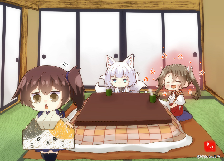 3girls =_= animal_ears artist_logo artist_name azur_lane black_legwear blue_eyes blue_hakama blush brown_eyes brown_hair crossover cushion eyebrows_visible_through_hair fox_ears fox_tail green_hair hair_between_eyes hair_ribbon hakama hakama_skirt japanese_clothes kaga_(azur_lane) kaga_(kantai_collection) kantai_collection kotatsu long_hair motion_lines multiple_girls namesake open_mouth red_hakama ribbon short_hair side_ponytail smile table tail taisa_(kari) tasuki tatami thighhighs triangle_mouth twintails white_hair white_ribbon zabuton zuikaku_(kantai_collection)