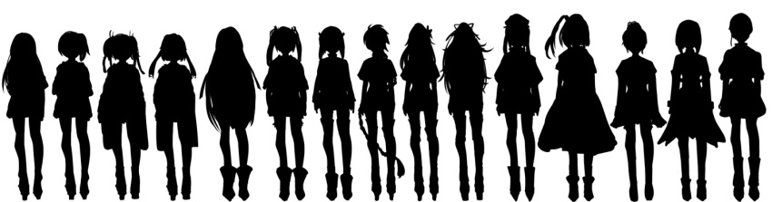 6+girls akagi_(kantai_collection) amagi_(kantai_collection) aquila_(kantai_collection) ark_royal_(kantai_collection) bob_cut braid graf_zeppelin_(kantai_collection) greyscale hair_ribbon headband headgear hiryuu_(kantai_collection) intrepid_(kantai_collection) kaga_(kantai_collection) kantai_collection katsuragi_(kantai_collection) kouga_(mutsumi) long_hair monochrome multiple_girls ponytail ribbon saratoga_(kantai_collection) short_hair shoukaku_(kantai_collection) side_ponytail silhouette simple_background single_braid souryuu_(kantai_collection) taihou_(kantai_collection) twintails unryuu_(kantai_collection) very_long_hair zuikaku_(kantai_collection)