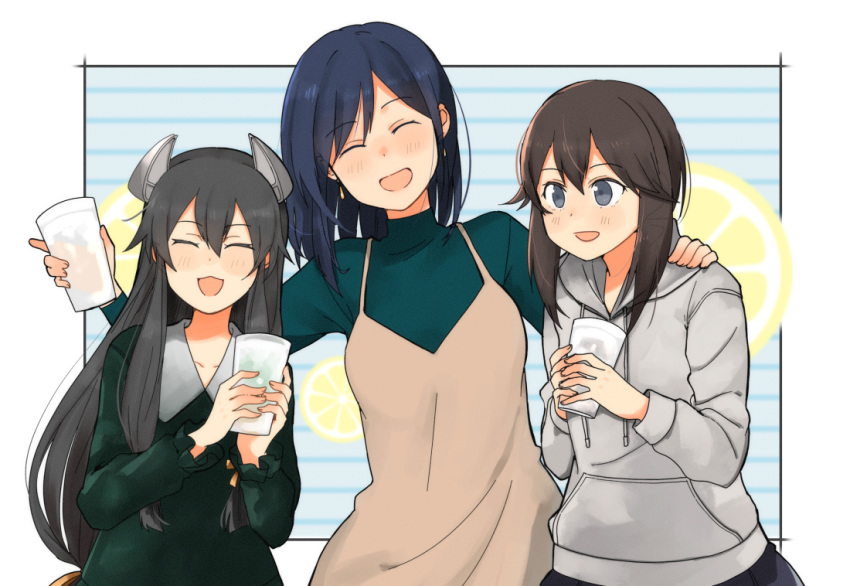 3girls ^_^ ^o^ annin_musou apron black_hair blue_hair blush closed_eyes collarbone cup drinking_glass eyebrows_visible_through_hair green_shirt grey_eyes grey_hoodie hair_between_eyes hayasui_(kantai_collection) headgear holding holding_cup hood hoodie i-47_(kantai_collection) kantai_collection long_hair long_sleeves low-tied_long_hair multiple_girls open_mouth shirt short_hair smile souryuu_(kantai_collection)