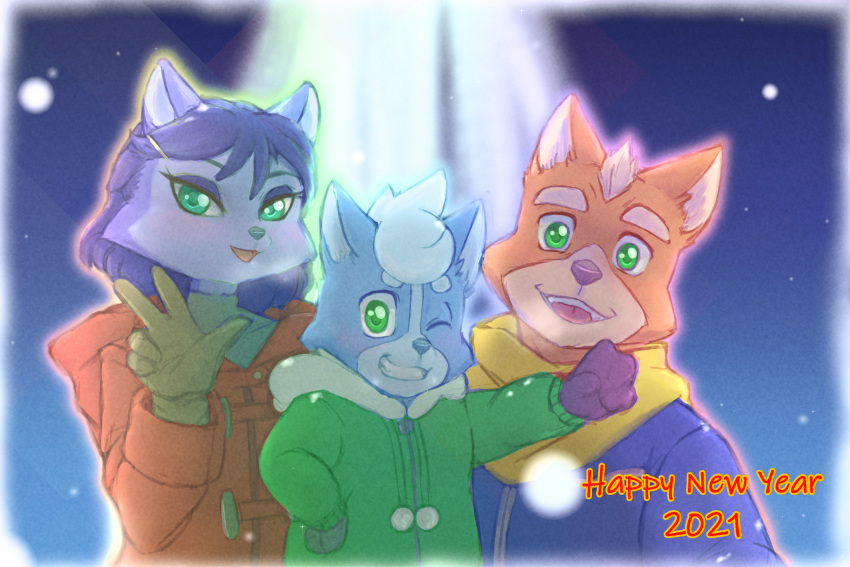 2021 3:2 anthro blue_hair canid canine clothing coat english_text family father father_and_child father_and_son female fox fox_mccloud fur gloves green_eyes group hair handwear hi_res kokoro-tokoro krystal male mammal marcus_mccloud mother mother_and_child mother_and_son nintendo one_eye_closed open_mouth open_smile parent parent_and_child scarf smile snow son star_fox teeth text topwear video_games white_hair wink winter young