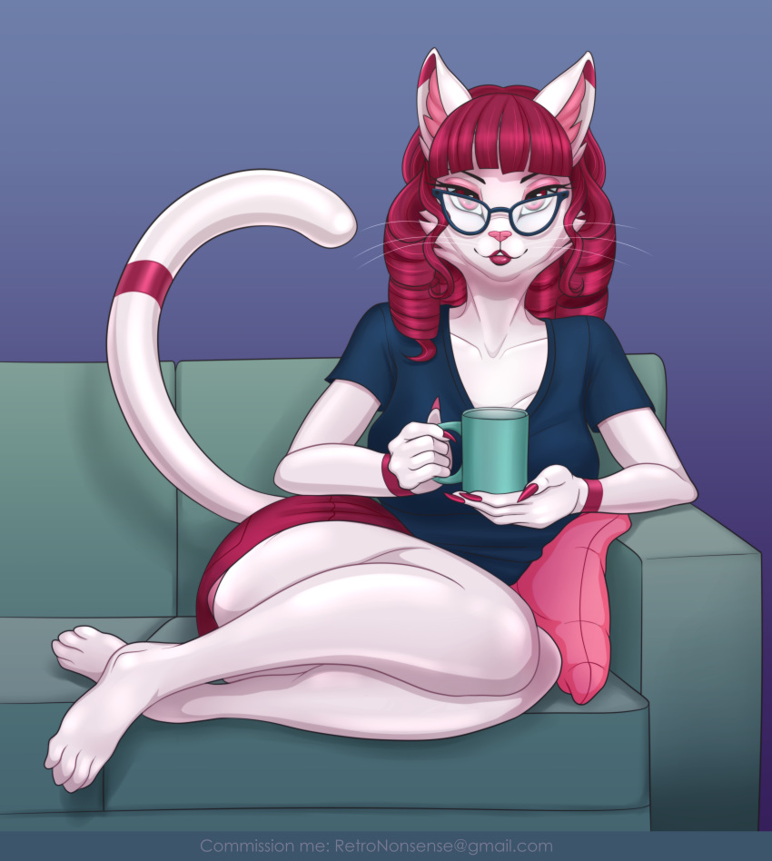 absurd_res anthro clothing cup curled_hair eyewear felid feline female glasses hair hi_res lipstick long_nails looking_at_viewer makeup mammal nylonlyon rubber sitting solo