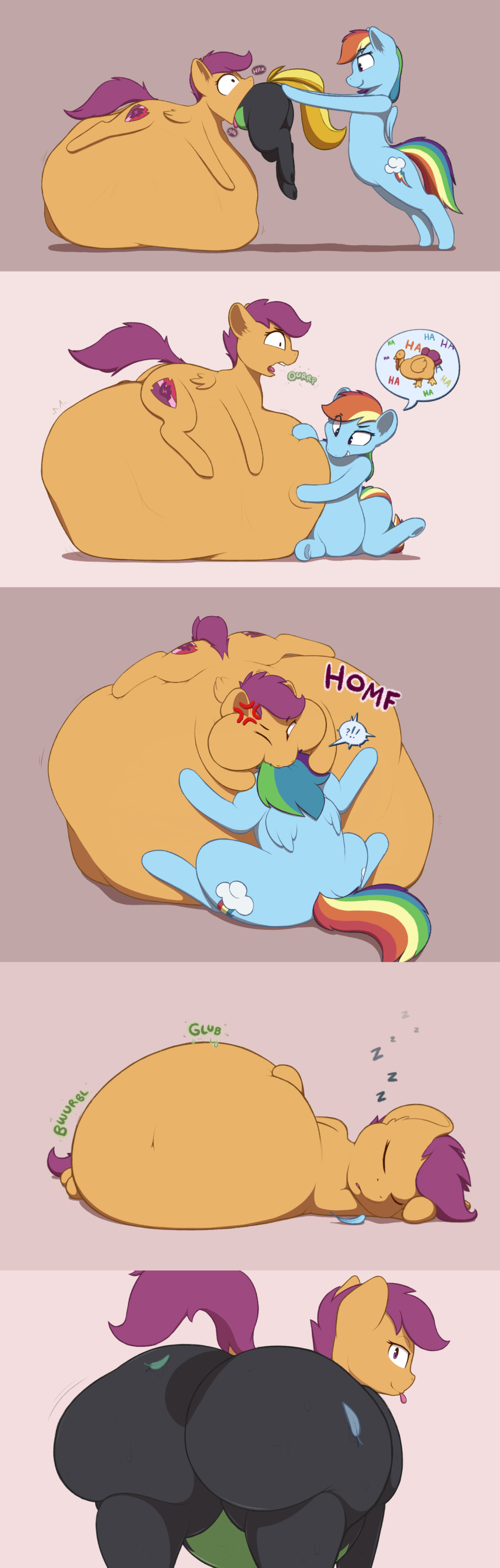 absurd_res blue_body blue_fur clothing comic digestion equid equine feathers female feral friendship_is_magic fur hi_res horse mammal my_little_pony nom-sympony orange_body orange_fur overweight pegasus pony rainbow_dash_(mlp) scootaloo_(mlp) simple_background sleeping thigh_thighs tongue tongue_out vore weight_gain wings