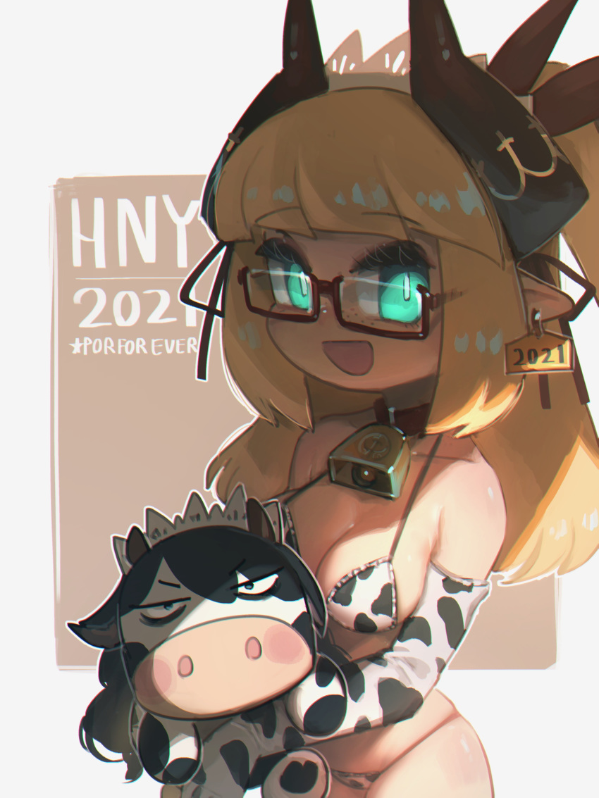 1girl 2021 :d absurdres aqua_eyes artist_name bangs bell bell_choker black-framed_eyewear black_gloves blonde_hair blunt_bangs blush breasts chinese_zodiac choker cleavage collarbone elbow_gloves eyebrows_visible_through_hair freckles glasses gloves glowing glowing_eyes happy_new_year highres holding holding_stuffed_toy long_hair looking_at_viewer medium_breasts multicolored multicolored_clothes multicolored_gloves new_year open_mouth original pointy_ears porforever rectangular_eyewear semi-rimless_eyewear smile solo stuffed_animal stuffed_cow stuffed_toy under-rim_eyewear white_gloves year_of_the_ox