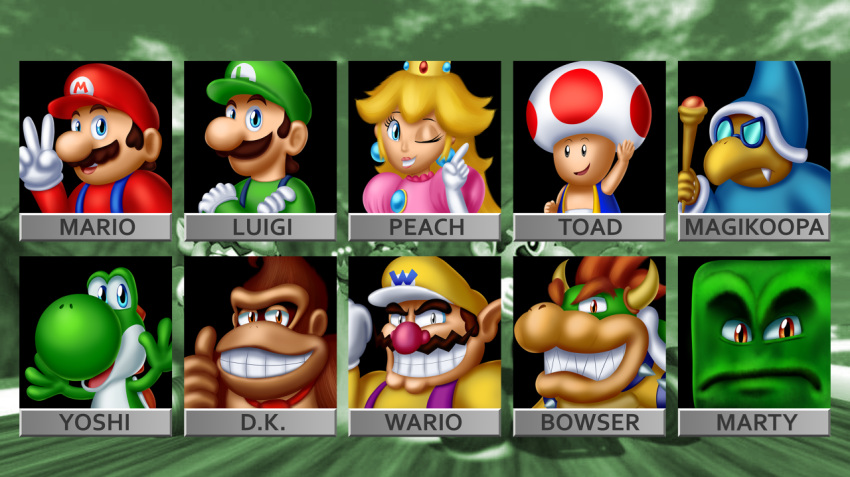 ape bigdaddydowneyarts blonde_hair blue_eyes bowser brown_eyes character_select clothing crown donkey_kong_(character) donkey_kong_(series) ear_piercing ear_ring eyewear facial_hair female glasses green_body green_scales green_skin group hair haplorhine hat headgear headwear human koopa luigi magic_wand magikoopa male mammal mario mario_bros mario_kart mario_kart_64 marty_the_thwomp mustache nintendo one_eye_closed piercing primate princess princess_peach red_hair reptile rope royalty scales scalie smile thwomp toad_(mario) turtle video_games wario white_body white_scales wink yoshi