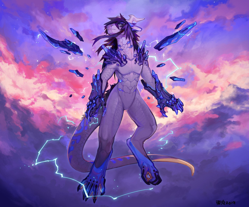 2019 5_fingers 5_toes ambiguous_gender anthro armor biped blue_body blue_hair claws clothing cloudscape crystal cybernetics cyborg digital_media_(artwork) dragon electricity feet fingers flying gauntlets gloves hair handwear hi_res horn humanoid_hands long_neck machine mane nude outside prehensile_feet signature sky snout solo toes tokyozilla