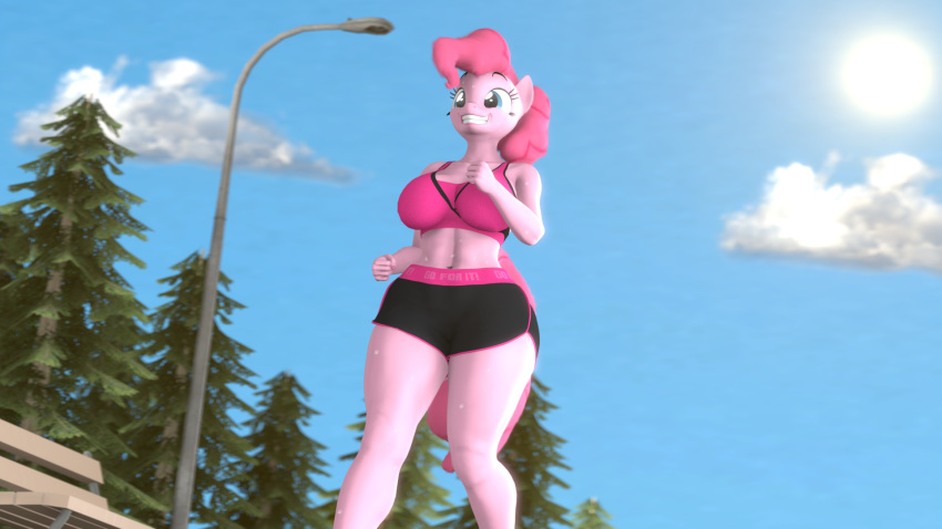 16:9 anthro bodily_fluids cloud equid equine exercise female friendship_is_magic gym_clothing hasbro hi_res horse jogging mammal my_little_pony neondonut outside park park_bench pinkie_pie_(mlp) plant pony sky smile solo sun sweat thick_thighs tree wide_eyed widescreen workout