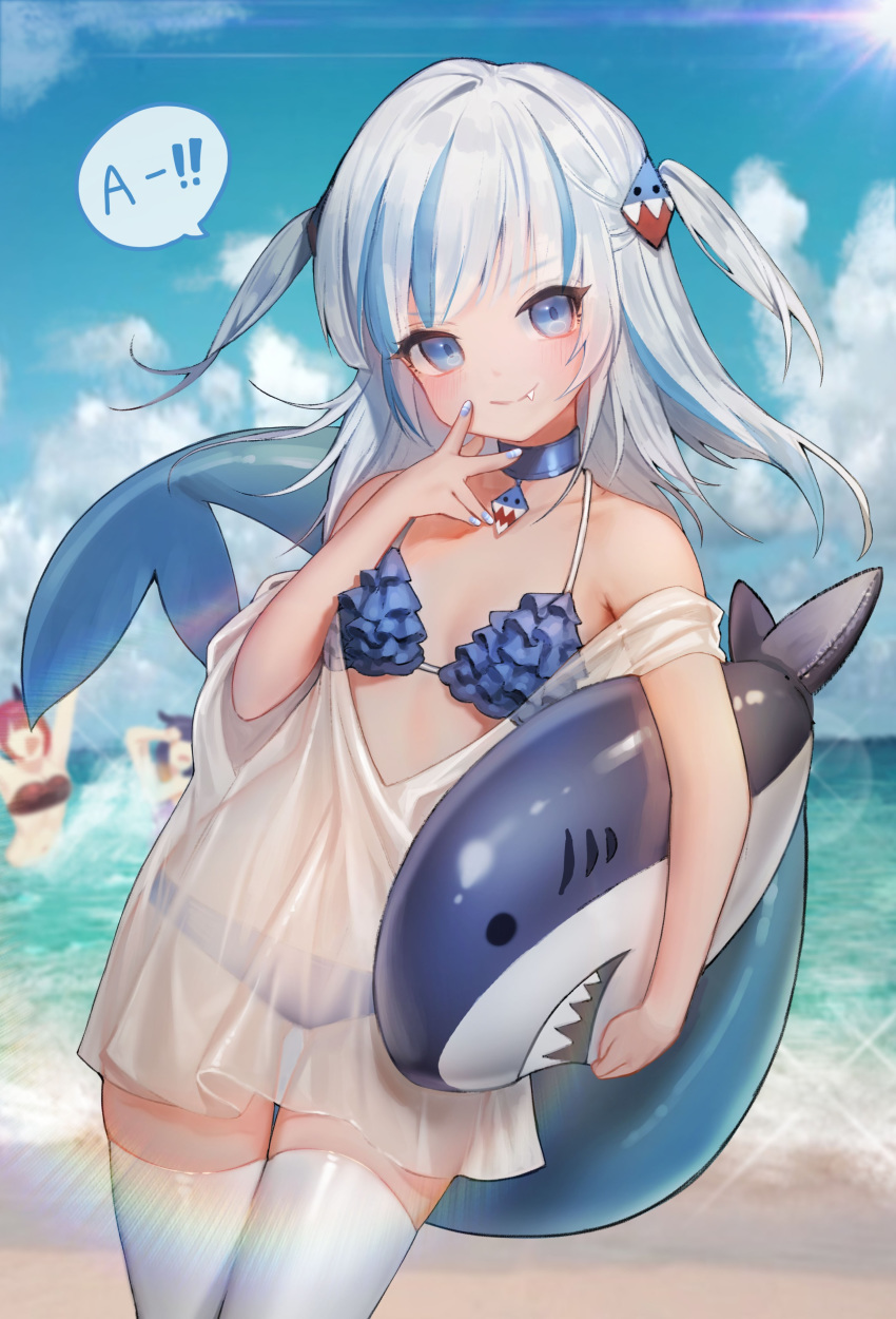 1girl a absurdres alternate_costume bare_shoulders beach bikini blue_bikini blue_choker blue_eyes blue_hair blue_nails blue_sky choker cloud cowboy_shot day fang fang_out fish_tail frilled_bikini frills gawr_gura hair_ornament hairclip highres hololive hololive_english inflatable_shark inflatable_toy innertube kkamangbeleukkamang long_hair looking_at_viewer multicolored_hair ocean outdoors see-through shark_tail sky smile solo speech_bubble streaked_hair swimsuit tail thigh_gap thighhighs two-tone_hair two_side_up virtual_youtuber water white_hair white_legwear