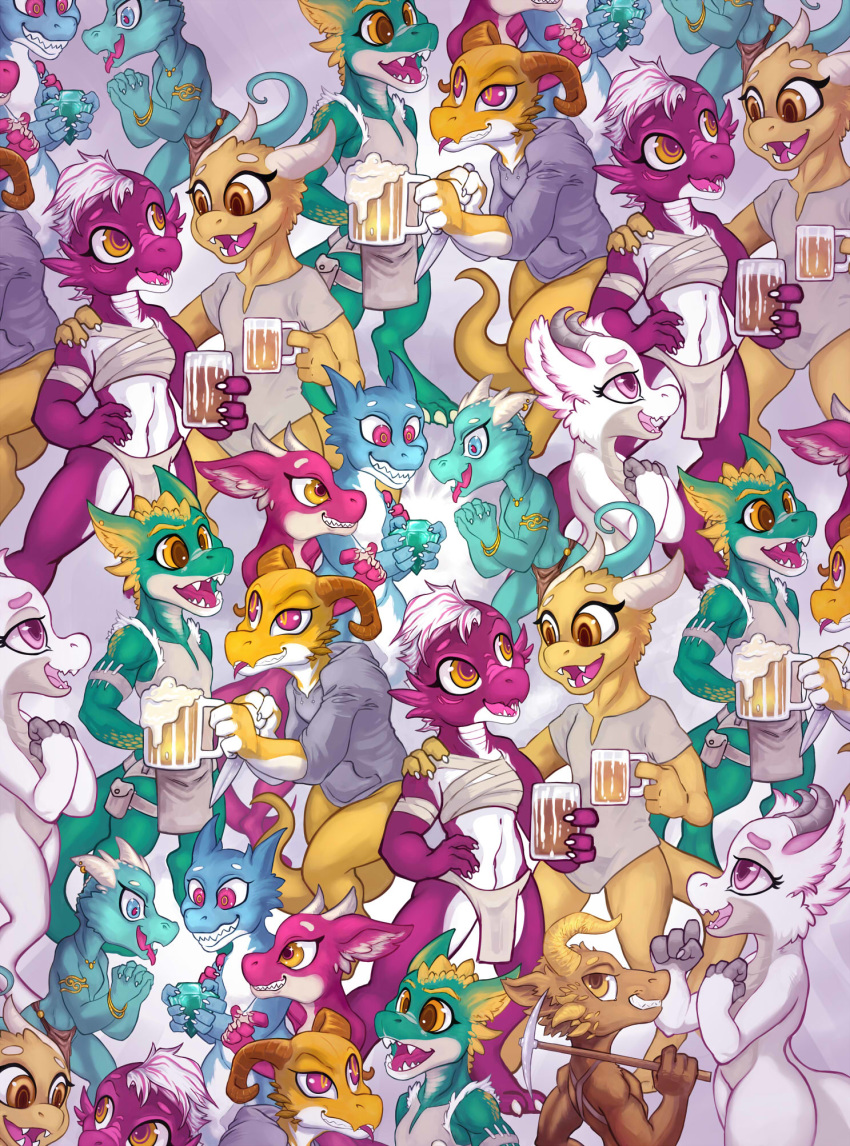 alcohol anthro beverage dungeons_and_dragons fantasy female gem group hasbro hi_res hobbes_maxwell horn knife kobold male scalie wizards_of_the_coast