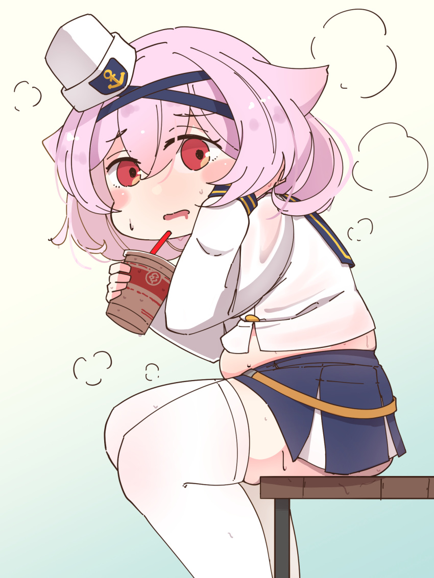 1girl aylwin_(azur_lane) azur_lane bangs blue_skirt blush cup disposable_cup drink drinking_straw eyebrows_visible_through_hair feet_out_of_frame furniture furrowed_eyebrows hair_between_eyes hair_tousle hat highres horoyuki_(gumizoku) long_sleeves looking_at_viewer medium_hair mouth_drool muffin_top open_mouth pink_hair pleated_skirt plump red_eyes sailor_hat see-through_skirt shirt sitting skindentation skirt solo striped_wrist_cuffs suspenders suspenders_slip sweat thighhighs white_legwear