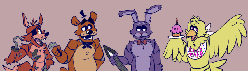 2020 ambiguous_gender animatronic anthro avian beak bib bird blue_eyes bonnie_(fnaf) bow_tie brown_body brown_fur canid canine chica_(fnaf) chicken clothing cupcake_(fnaf) dipstick_tail eye_patch eyewear feathers five_nights_at_freddy's food food_creature fox foxy_(fnaf) freddy_(fnaf) fur galliform gallus_(genus) group guitar hat head_tuft headgear headwear holding_food holding_object hook_hand lagomorph leporid long_ears looking_away machine mammal microphone multicolored_body multicolored_tail musical_instrument phasianid plucked_string_instrument purple_body purple_eyes purple_fur rabbit red_body red_fur red_nose robot sharp_teeth skkortysoup string_instrument tail_feathers teeth tuft ursid ursine video_games yellow_body yellow_eyes yellow_feathers