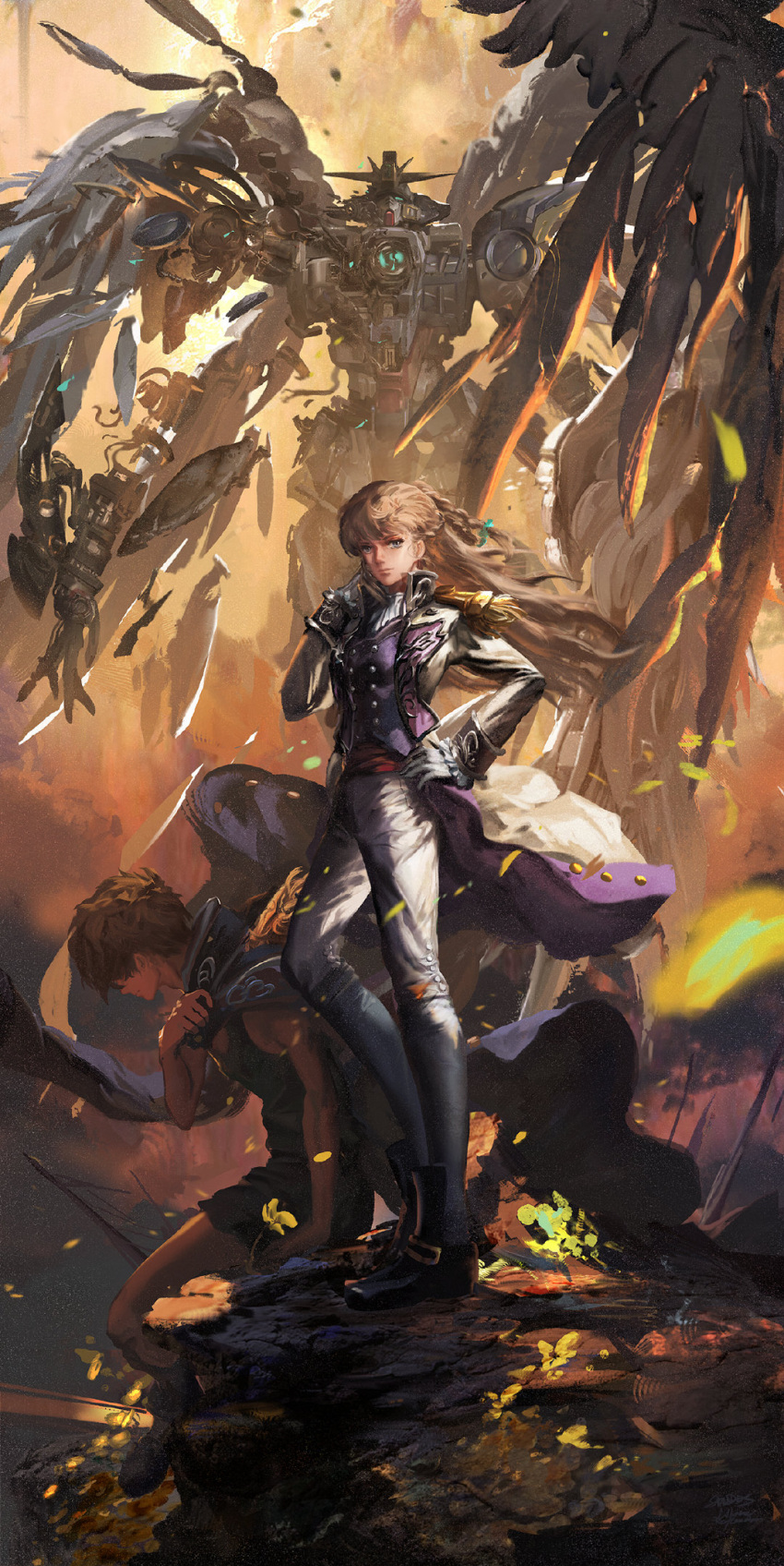 1boy 1girl black_shorts blue_eyes breasts brown_hair damaged feathers gloves gundam gundam_wing gundam_wing_endless_waltz hand_on_hip heero_yuy highres jacket jacket_on_shoulders looking_at_viewer looking_down mecha mechanical_wings relena_peacecraft science_fiction shorts small_breasts standing stu_dts tank_top v-fin white_gloves white_jacket wing_gundam_zero_custom wings