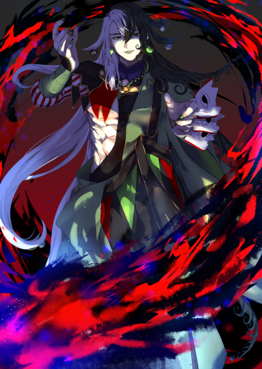 1boy abs ashiya_douman_(fate) asymmetrical_clothes asymmetrical_hair bell black_eyes black_hair curly_hair earrings energy fate/grand_order fate_(series) feet_out_of_frame fingernails green_eyeshadow green_kimono green_lipstick green_nails hair_bell hair_between_eyes hair_intakes hair_ornament highres japanese_clothes jewelry kimono light_smile lipstick long_hair looking_at_viewer magatama magatama_earrings makeup male_focus multicolored_hair open_clothes open_kimono pectorals ribbed_sleeves sharp_fingernails shikigami solo toned toned_male tsuruko_(2884807) two-tone_hair very_long_fingernails very_long_hair white_hair