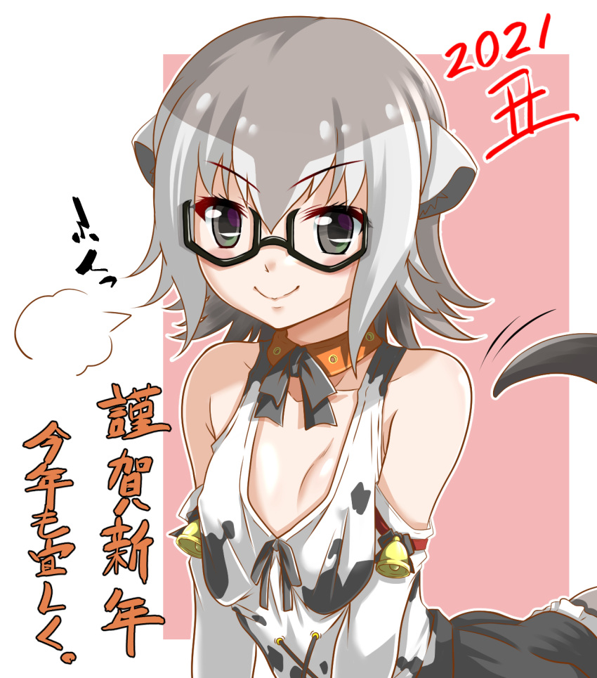 1girl 2021 =3 animal_ears animal_print arched_back bangs bare_shoulders bell black_eyes breasts chinese_zodiac collar collarbone commentary_request cow_print detached_sleeves eyebrows_visible_through_hair fumihiro grey_hair hair_between_eyes highres kemono_friends leaning_forward looking_at_viewer meerkat_(kemono_friends) meerkat_ears meerkat_tail multicolored_hair nengajou new_year outline short_hair simple_background small_breasts smile solo tail tank_top translation_request two-tone_hair v-shaped_eyebrows white_outline year_of_the_ox